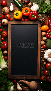 海鲜菜单套餐背景图片_新鲜果蔬围绕的空白木板菜单