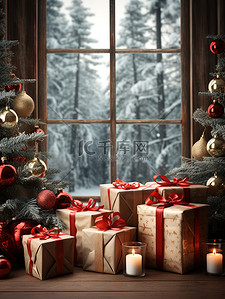 窗前红色的礼品包装圣诞装饰15