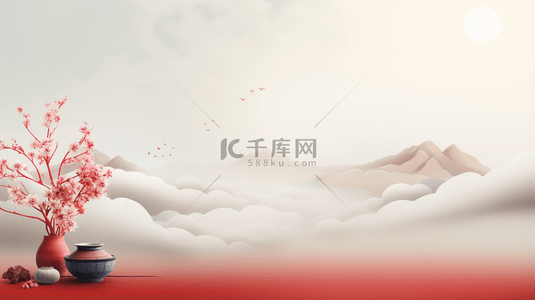 中国风圆形山水背景图片_红色中国风山水梅花创意背景44