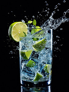 冰块和水背景图片_杯子中的柠檬和水飞溅20