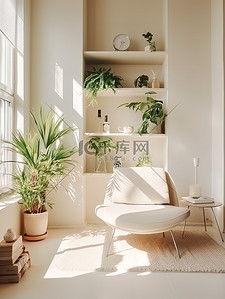 绿色背景阳光背景图片_白色客厅明亮绿色植物家居背景2