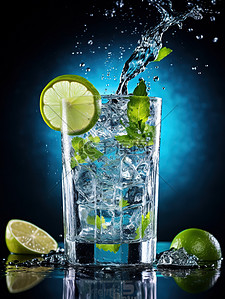 冰块和水背景图片_杯子中的柠檬和水飞溅4