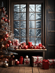 冬天红色背景图片_窗前红色的礼品包装圣诞装饰5