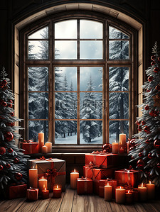窗前红色的礼品包装圣诞装饰16