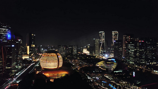 杭州地标建筑摄影照片_航拍城市夜景杭州CBD钱江三桥