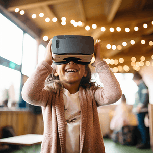 vr虚拟现实摄影照片_孩子使用新的虚拟现实VR硬纸板眼镜