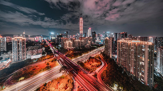 城市夜景车流摄影照片_震撼深圳福田CBD城市夜景灯光车流