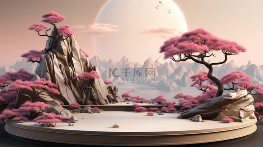 古典山水背景图片_红色中国风植物景观摆台背景3