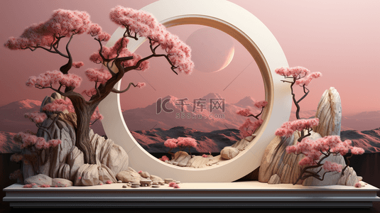 古典山水背景图片_红色中国风植物景观摆台背景11