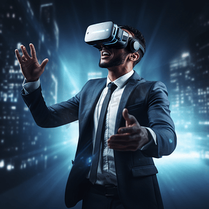 vr虚拟现实摄影照片_年轻的商人使用VR耳机体验虚拟现实