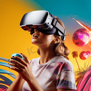 在色彩鲜艳的背景下玩VR游戏VR游戏概念