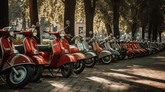 红色收藏摄影照片_优质的城市滑板车三辆红色摩托按行排列停在户外靠的三辆红色摩托车