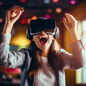 兴奋的青少年潮女孩玩虚拟现实视频游戏戴上vr眼镜头戴控制器享受视频游戏模拟器身临其境的未来3D vr 360视频互动体验在家里