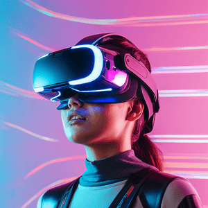 在色彩鲜艳的背景下玩VR游戏VR游戏概念