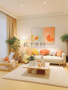 浅橙色和米色装饰的客厅家居背景8