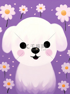 可爱白色的小狗紫色小花背景13