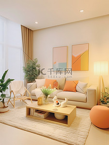 浅橙色和米色装饰的客厅家居背景19