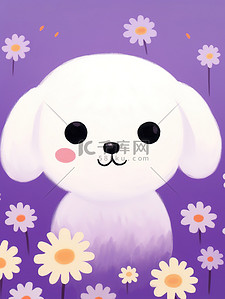 可爱白色的小狗紫色小花背景8