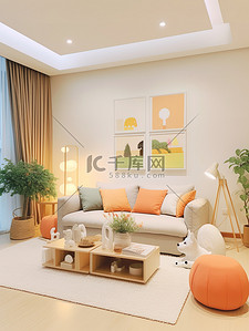 浅橙色和米色装饰的客厅家居背景11