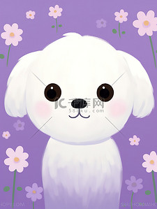 可爱白色的小狗紫色小花背景15