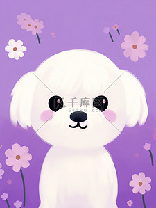 项圈小狗背景图片_可爱白色的小狗紫色小花背景3