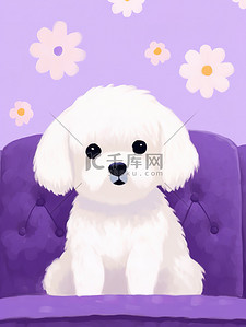 可爱白色的小狗紫色小花背景10