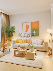 浅橙色和米色装饰的客厅家居背景3
