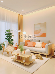 浅橙色和米色装饰的客厅家居背景10