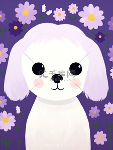 可爱白色的小狗紫色小花背景1