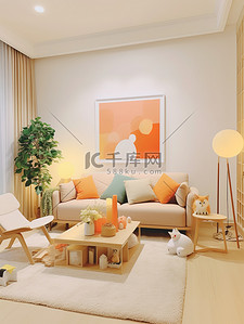 浅橙色和米色装饰的客厅家居背景14