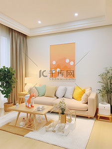 浅橙色和米色装饰的客厅家居背景2