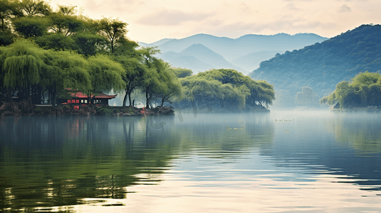 远山树林湖水美景