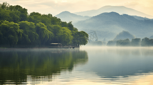 远山树林湖水美景