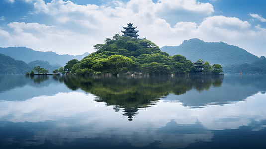 美丽的湖景高塔摄影