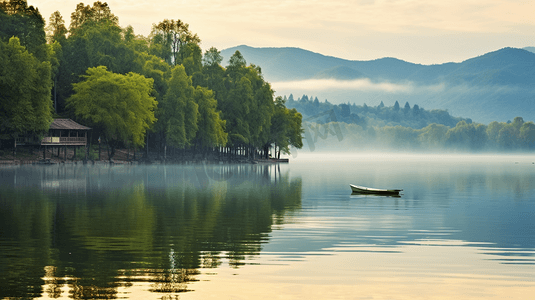 远山树林湖水美景