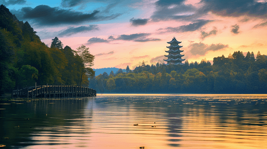 美丽的湖景高塔摄影