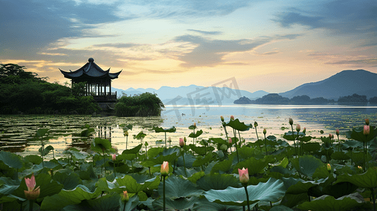 树林湖水凉亭美景