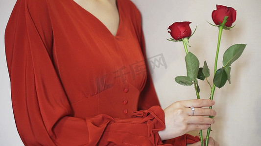 520浪漫表白摄影照片_女生收到玫瑰花手拿玫瑰花闻花
