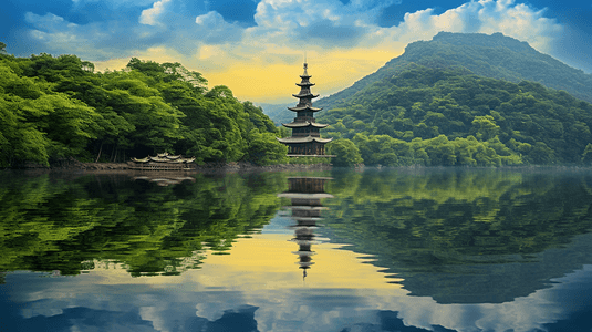 高塔摄影照片_美丽的江南湖水美景