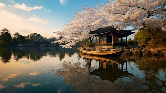 江南建筑樱花湖景