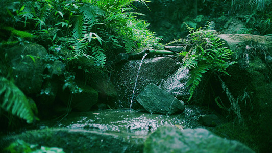 实拍山间竹筒流水风景