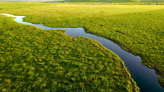 新疆春天摄影照片_航拍春天大草原上蜿蜒的溪流