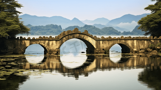 江南湖景远山石桥
