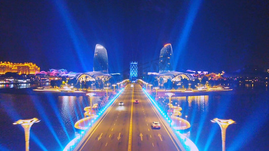 1080航拍城市夜景海南儋州海花岛建筑地标大桥交通