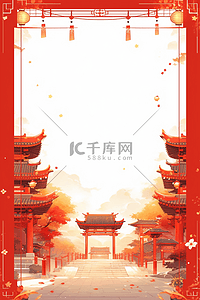 古典祥云线条背景图片_新年古典背景红色灯笼建筑