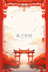 灯笼线条背景图片_新年背景古典红色灯笼建筑