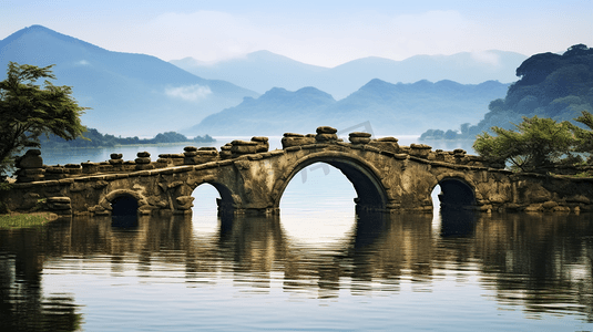 远山湖摄影照片_江南湖景远山石桥