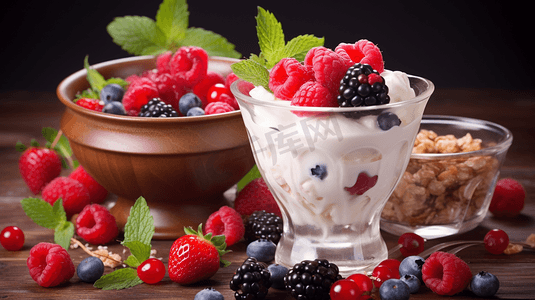 可口草莓摄影照片_美味的水果燕麦酸奶