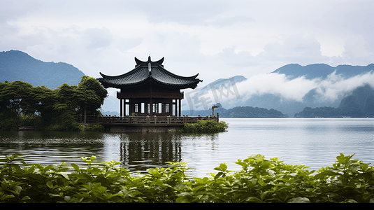 江南湖水凉亭美景