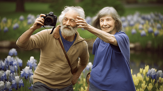 旅行拍照的老年夫妇